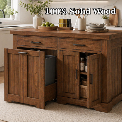 Solid Wood Kitchen Island with Trash Storage – Prep Table with Cabinets