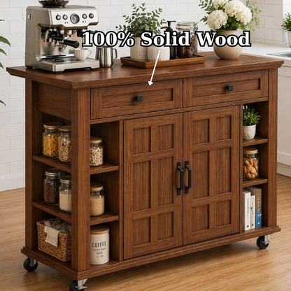 Solid Wood Kitchen Island Cart – Walnut Coffee Station with Storage Shelves