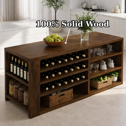 Solid Wood Kitchen Island with Wine Rack & Storage Shelves