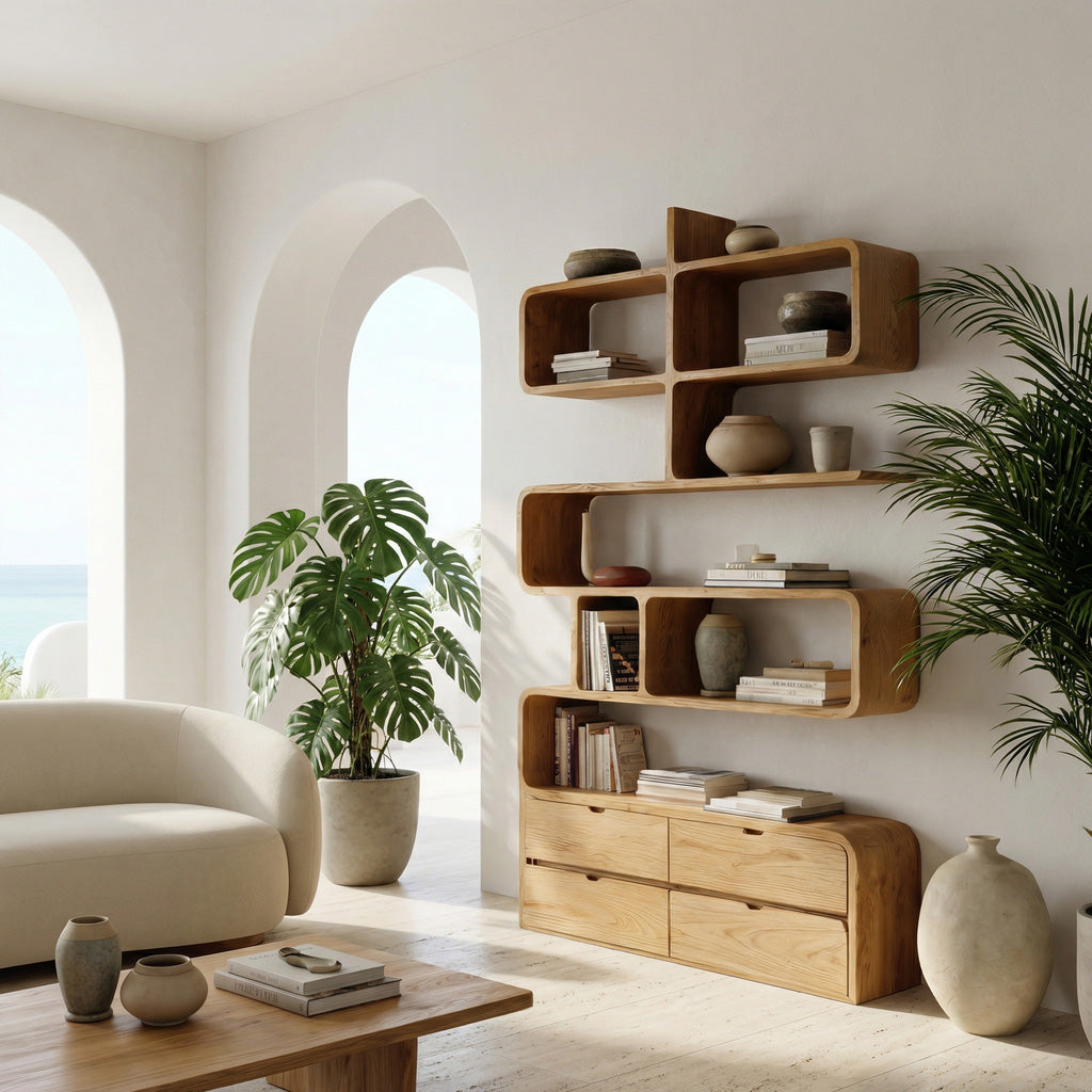 Minimalist Bookshelf With Curved Lines And Storage For Living Kitchnce