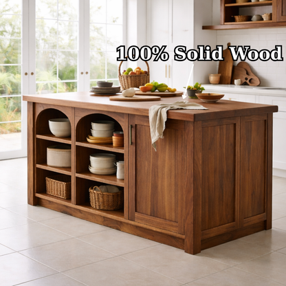Solid Wood Kitchen Island with Arched Open Shelves – Walnut Farmhouse Storage Table