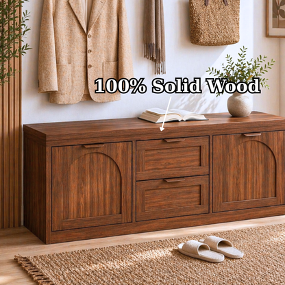 Solid Wood Entryway Bench with Storage Drawers – Shoe Cabinet with Arched Doors