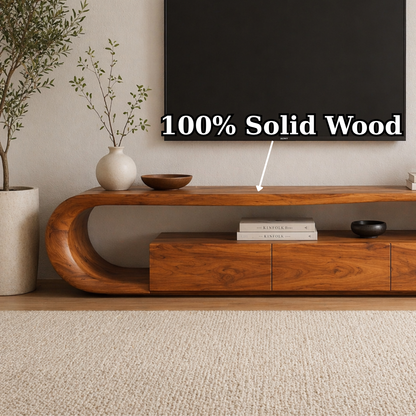 Solid Wood TV Stand with Curved Base – Modern Low Profile Media Console with Storage
