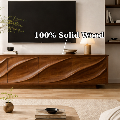 Solid Wood TV Stand with Carved Wave Front – Modern Luxury Media Console Cabinet