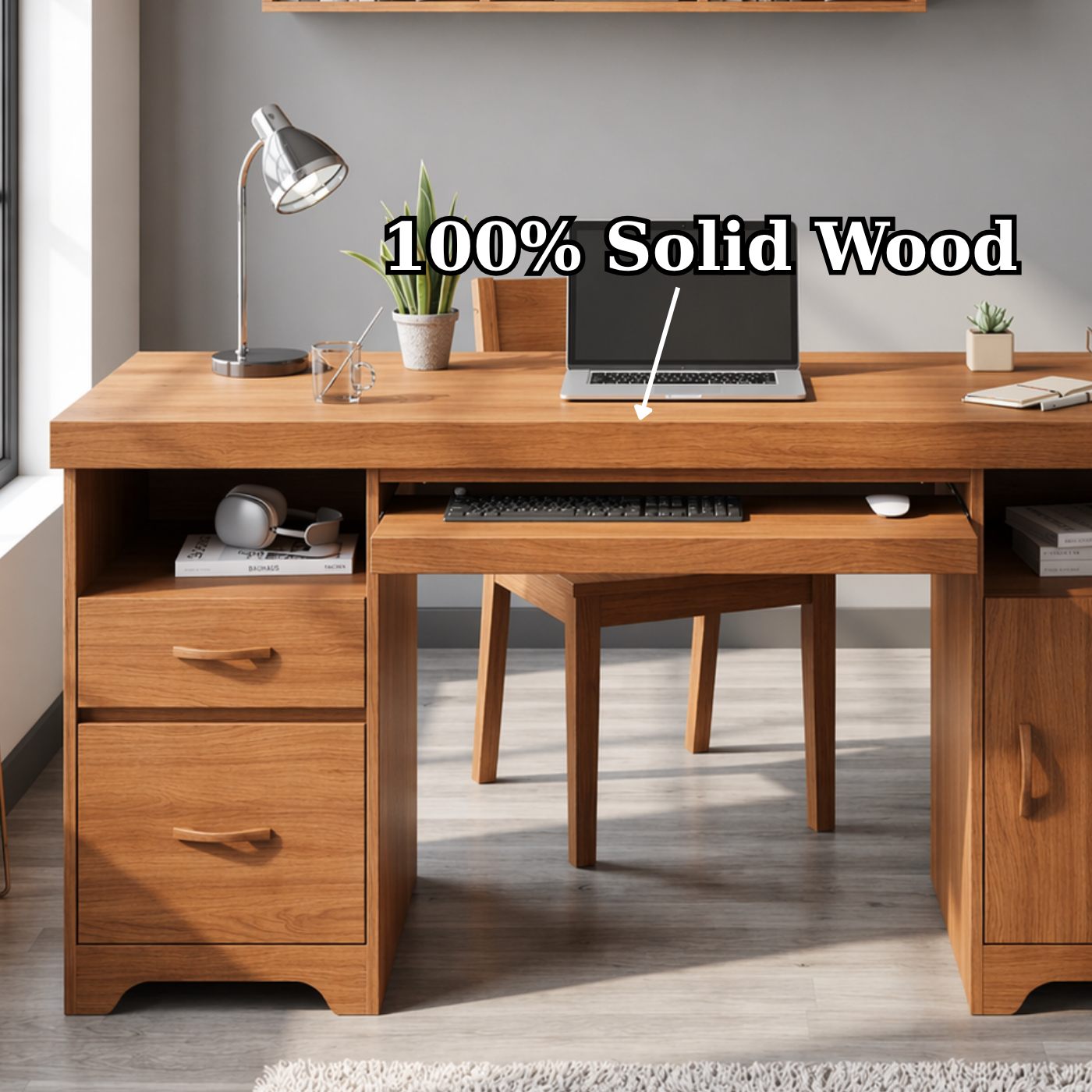Solid Wood Writing Desk with Storage – Modern Home Office Desk with Drawers and Shelves
