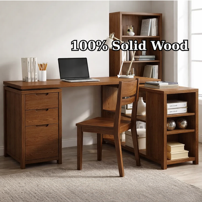 Solid Wood L-Shaped Desk with Storage – Corner Home Office Desk with Shelves and Drawers