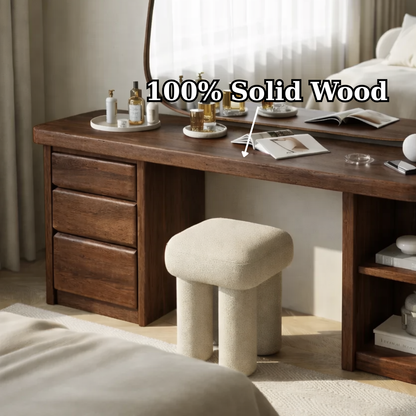 Solid Wood Makeup Vanity Desk – Modern Dressing Table with Drawers & Open Shelf