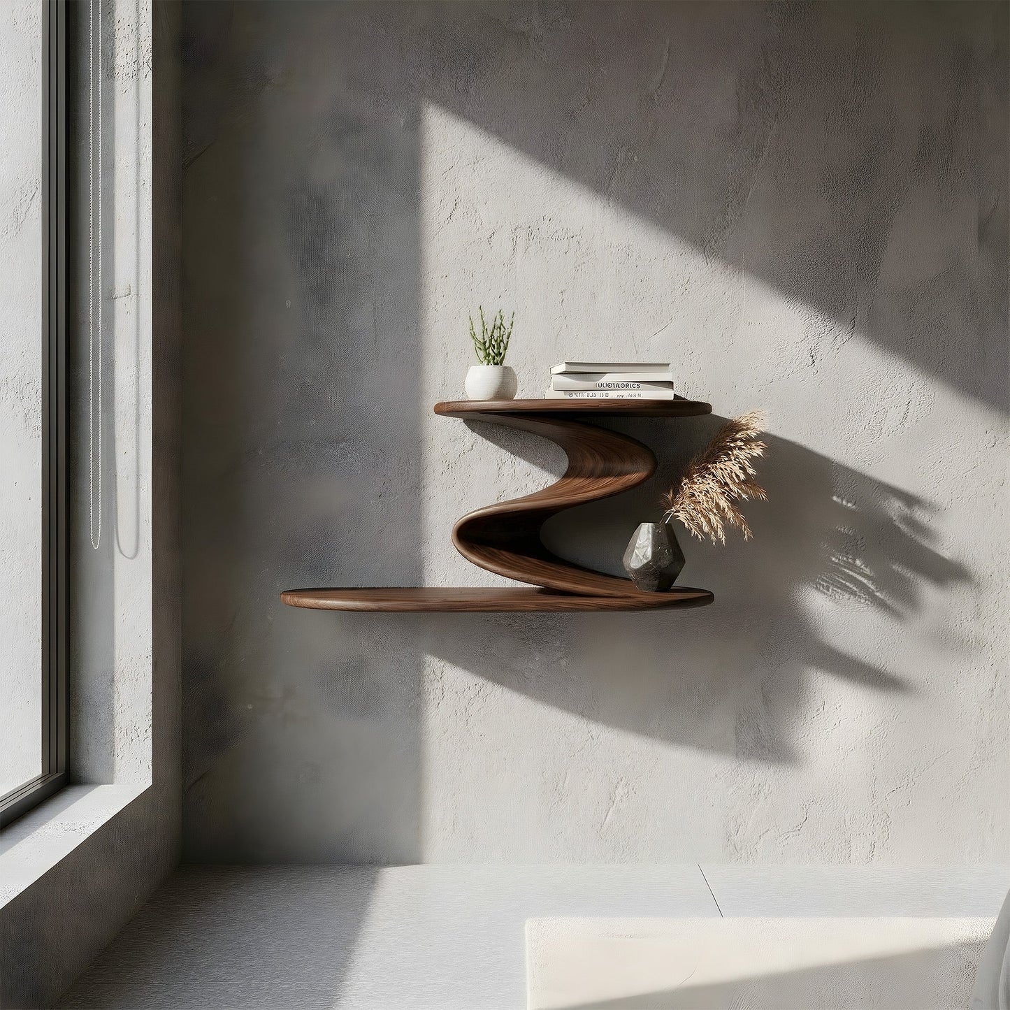 S-Shaped Sculptural Floating Wall Shelf with Dual Levels
