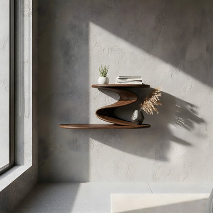 S-Shaped Sculptural Floating Wall Shelf with Dual Levels