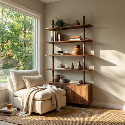 Mid Century Wooden Bookcase With Closed Storage For Living Kitchnce