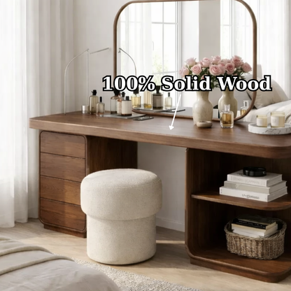 Solid Wood Makeup Vanity Desk with Side Open Shelves and Storage Drawers