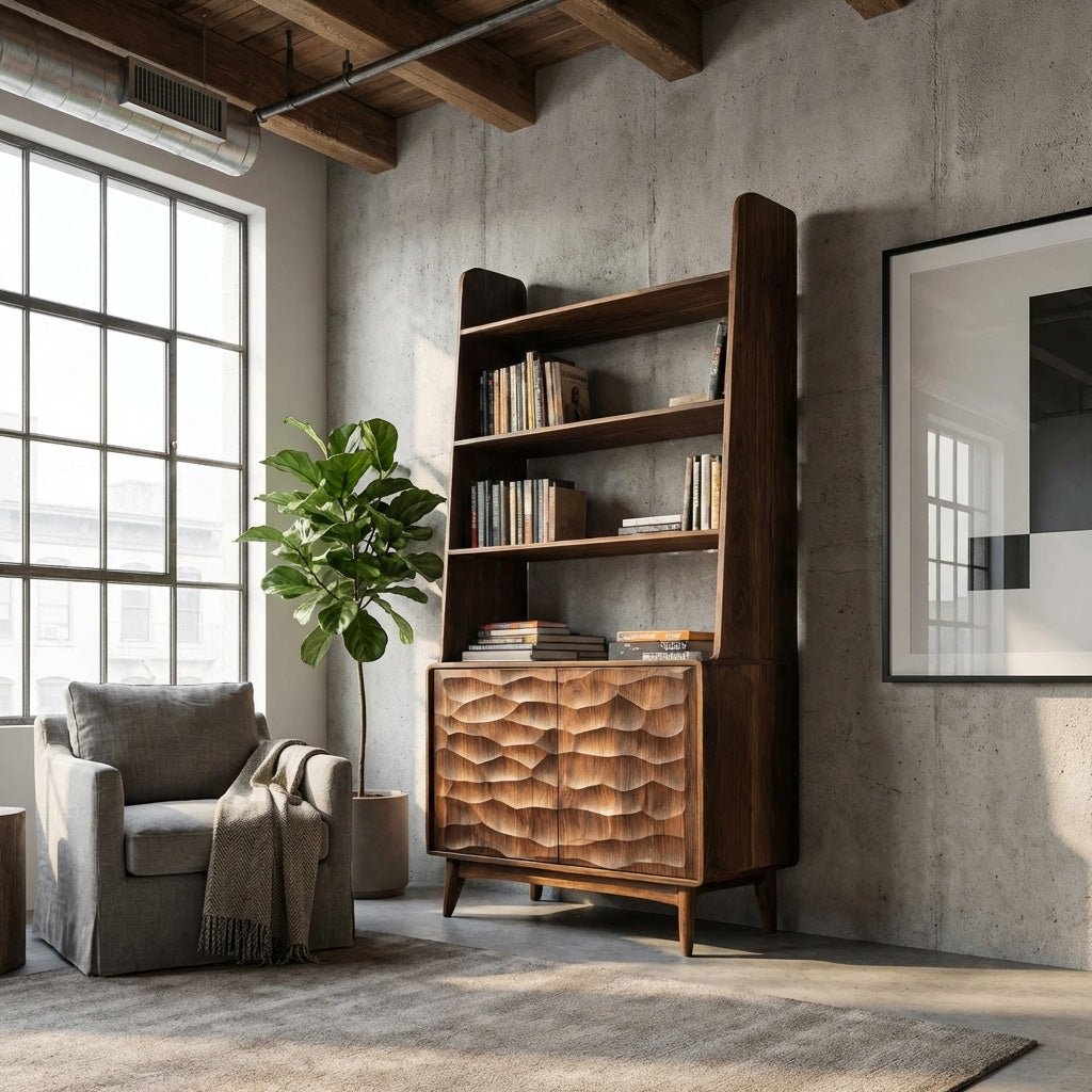 Modern Bookshelf With Carved Wave Cabinet Doors For Home Kitchnce