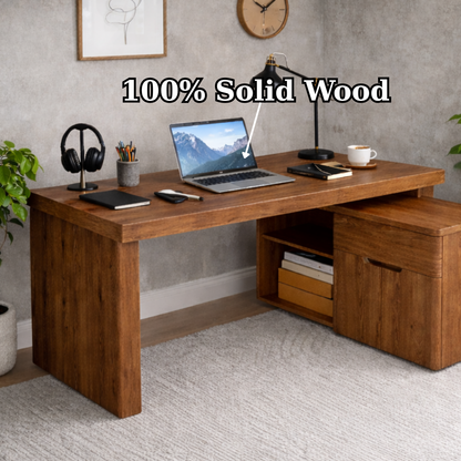 Solid Wood L-Shaped Desk with Storage Cabinet – Modern Home Office Desk