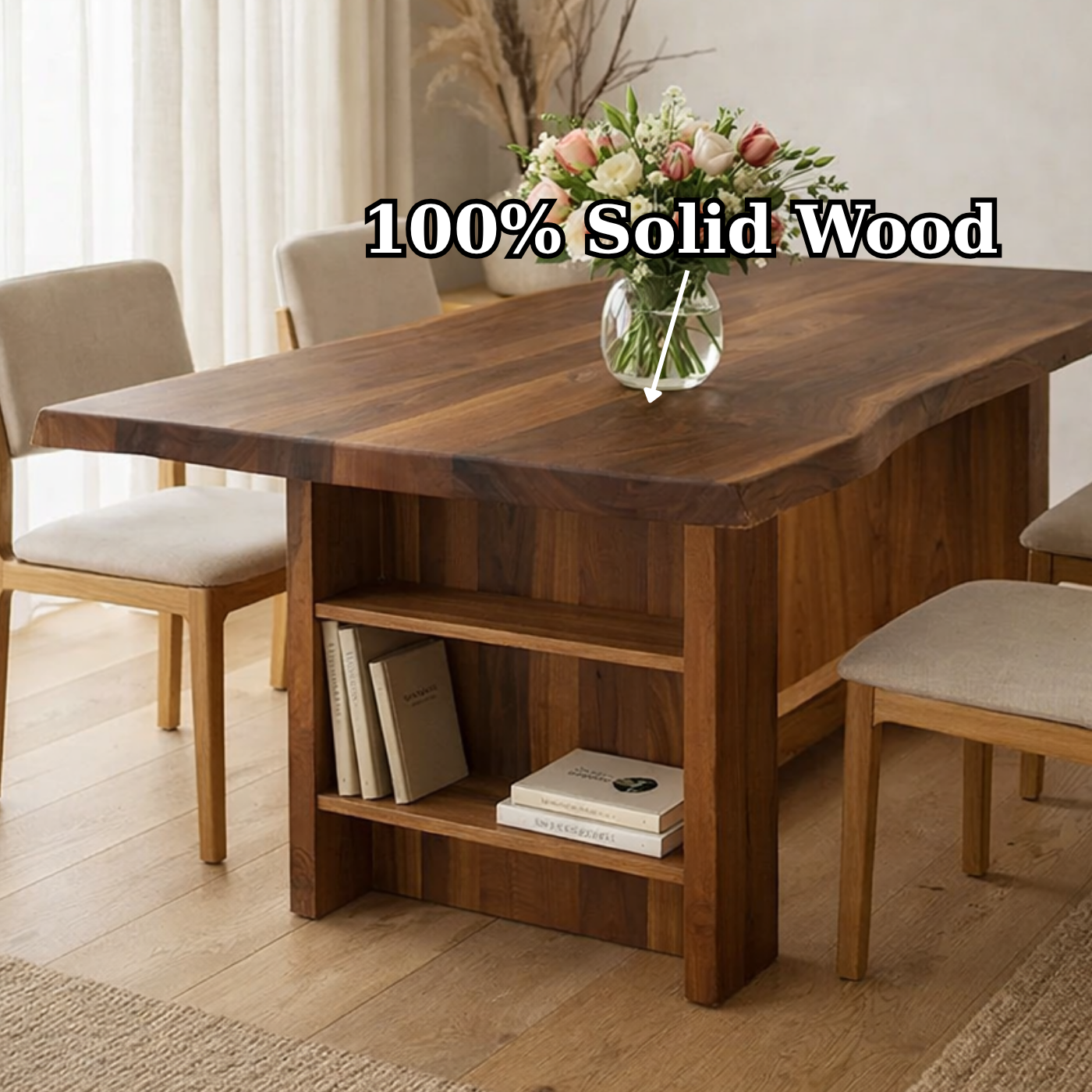 Solid Wood Live Edge Dining Table with Built-In Shelf Storage
