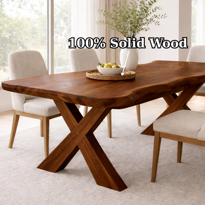 Solid Wood Live Edge Dining Table with X-Base Sculptural Legs