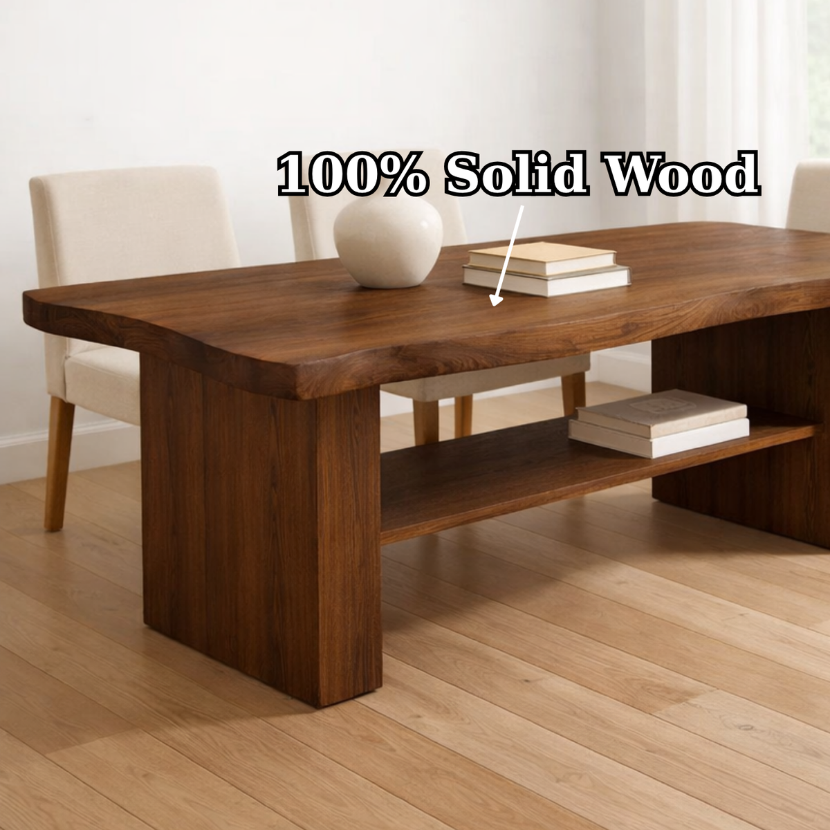 Solid Wood Dining Table with Thick Slab Top and Open Shelf Storage