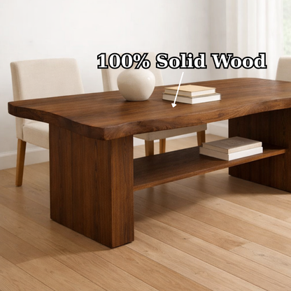 Solid Wood Dining Table with Thick Slab Top and Open Shelf Storage