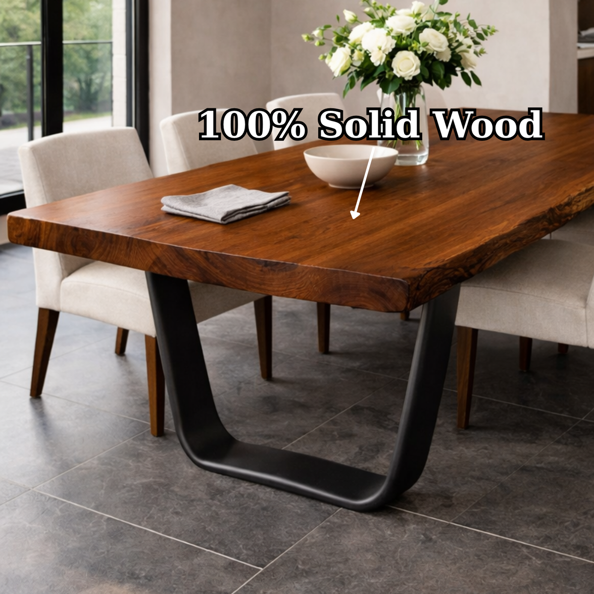 Solid Wood Live Edge Dining Table with Modern U-Shaped Metal Base