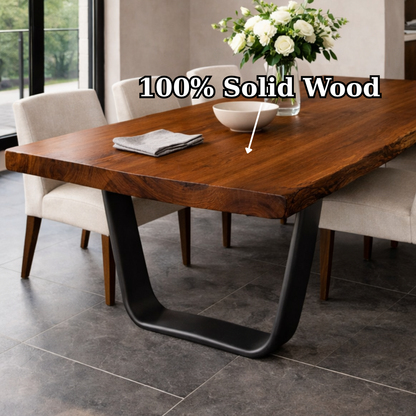Solid Wood Live Edge Dining Table with Modern U-Shaped Metal Base