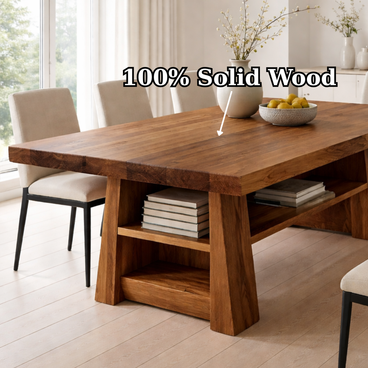 Solid Wood Dining Table with Storage Shelf – Modern Kitchen Dining Table