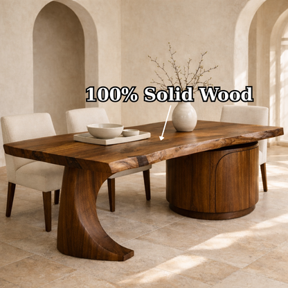 Solid Wood Live Edge Dining Table with Curved Base and Round Storage Cabinet