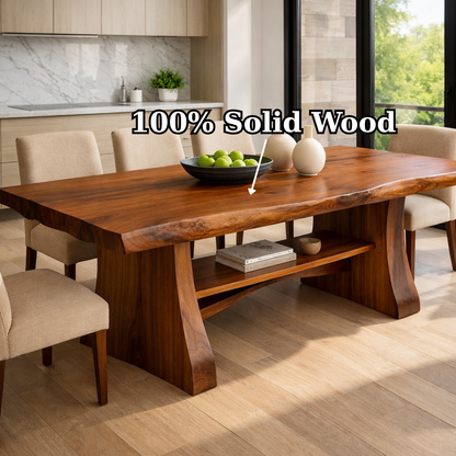 Solid Wood Live Edge Dining Table with Sculptural Base and Open Shelf