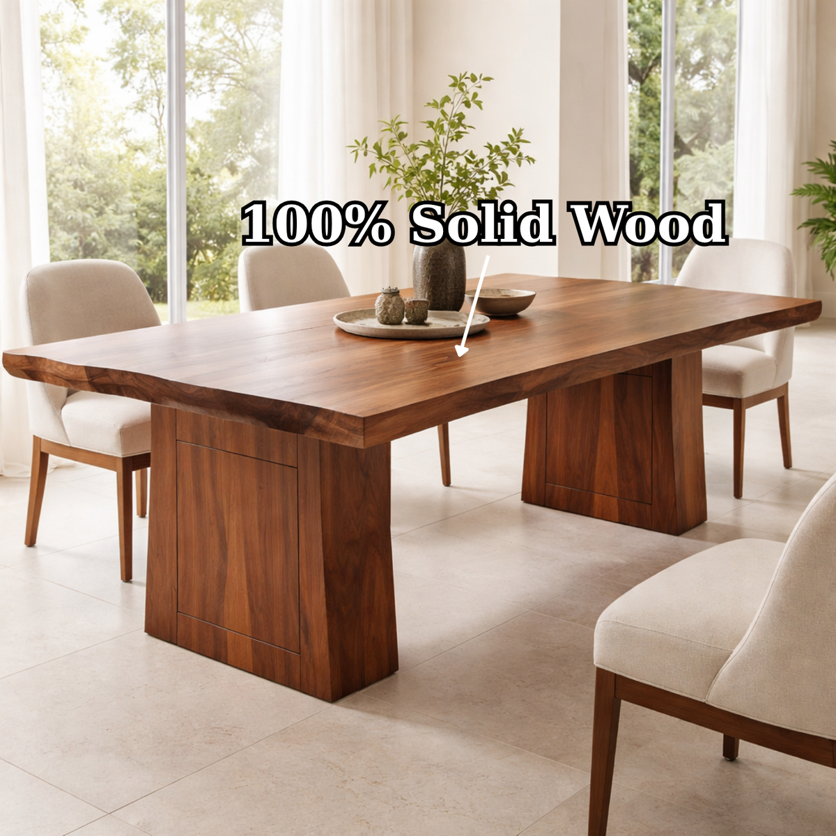 Solid Wood Dining Table with Thick Slab Top and Modern Block Base