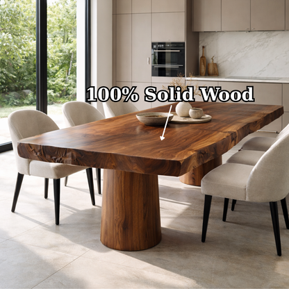 Solid Wood Live Edge Dining Table with Sculptural Pedestal Base