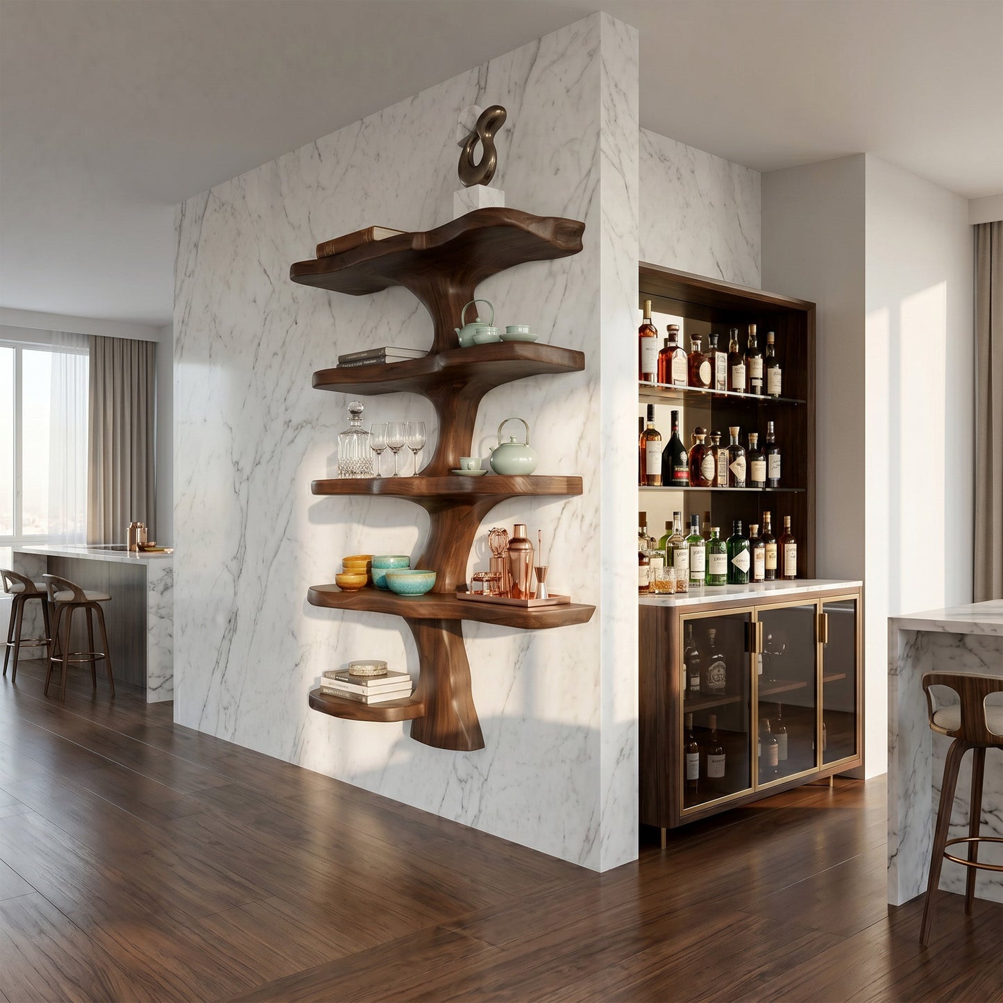 Layered Wood Wall Shelf With Sculptural Open Display