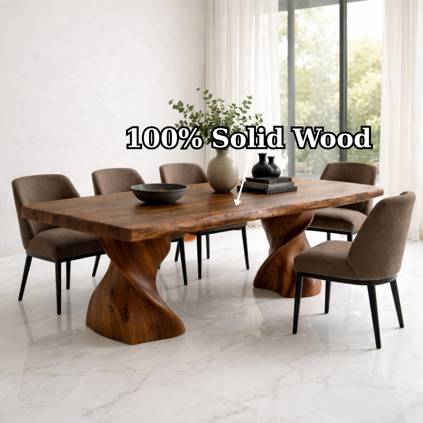 Solid Wood Dining Table with Live Edge Top and Sculptural Twist Base