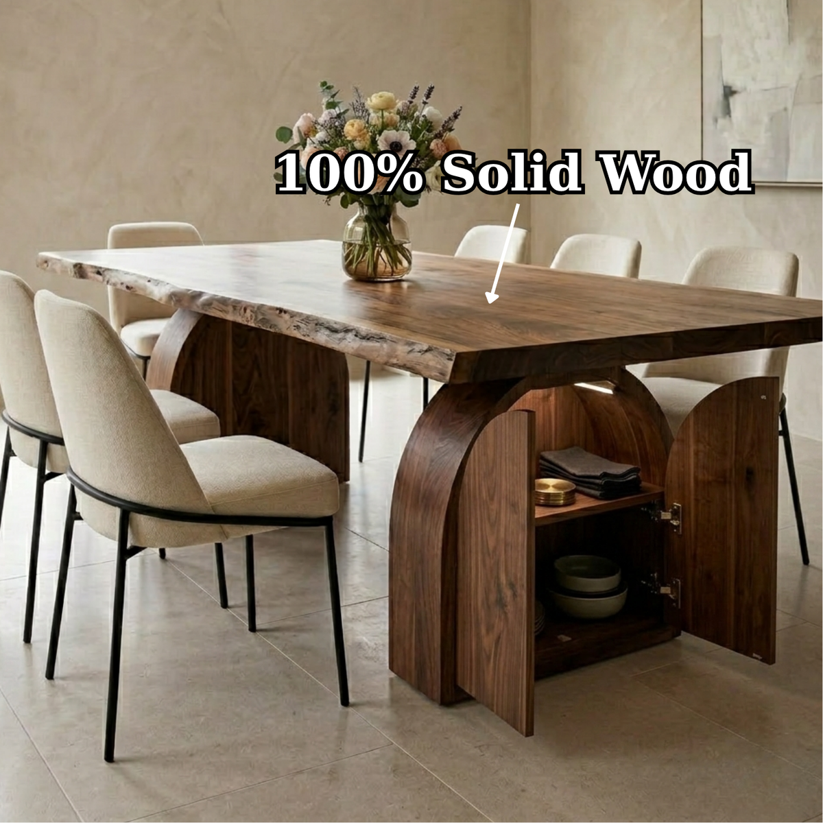 Solid Wood Live Edge Dining Table with Arch Base and Hidden Storage