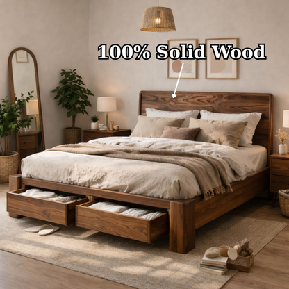 Solid Wood Bed Frame with Storage Drawers – Modern Rustic Platform Bed