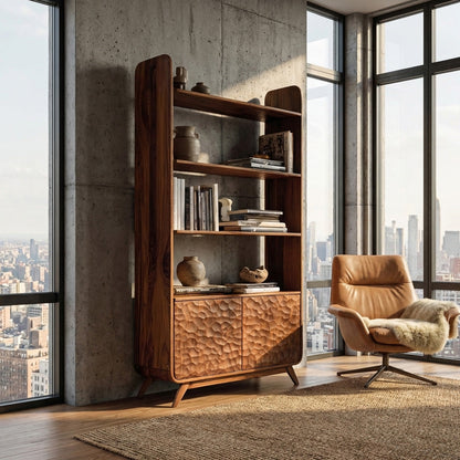 Contemporary Wooden Bookshelf With Sculpted Door Panels For Living Kitchnce