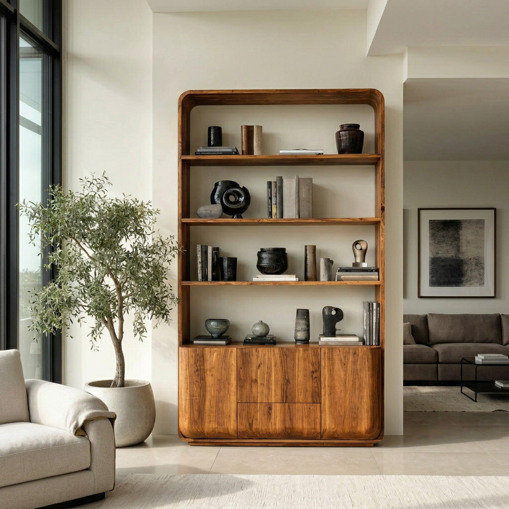 Modern Wooden Bookshelf With Round Edges For Living Room Kitchnce