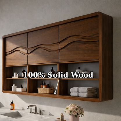 Solid Wood Bathroom Cabinet with Wave Carved Doors & Open Shelving Storage