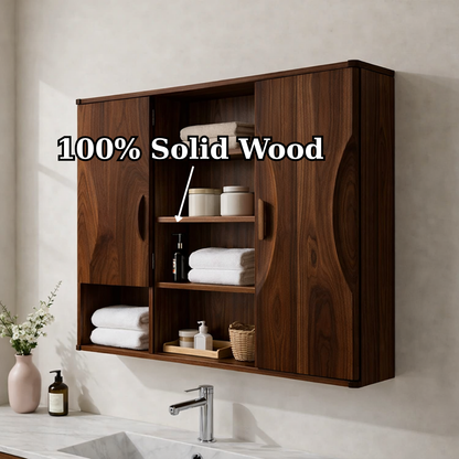 Solid Wood Floating Bathroom Cabinet with Double Doors & Open Shelves