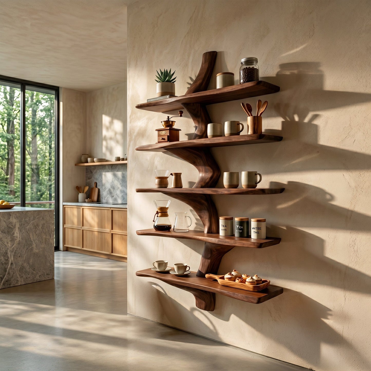 Organic Wood Kitchen Wall Shelf With Layered Display