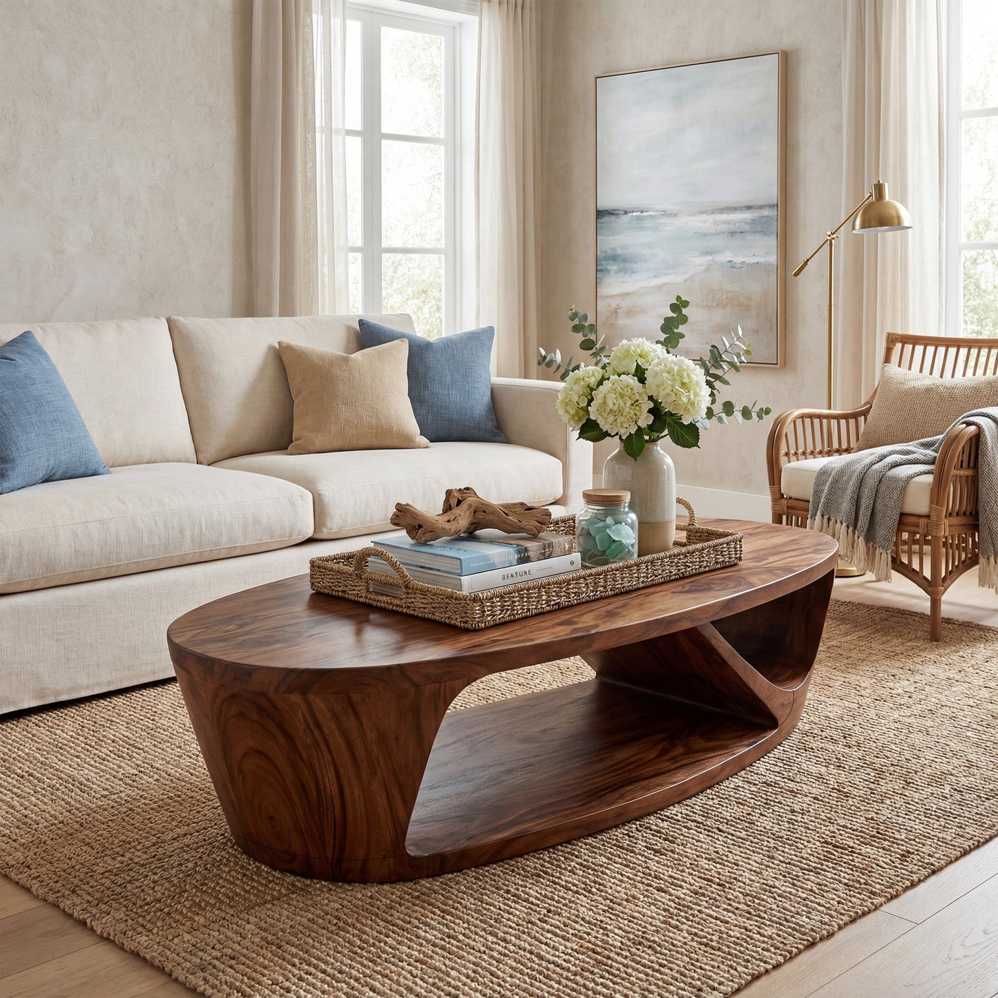Sculptural Oval Coffee Table With Open Shelf Base