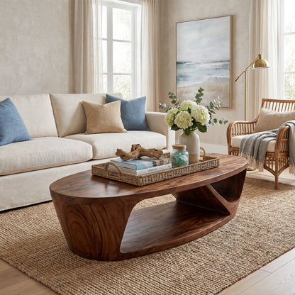Sculptural Oval Coffee Table With Open Shelf Base