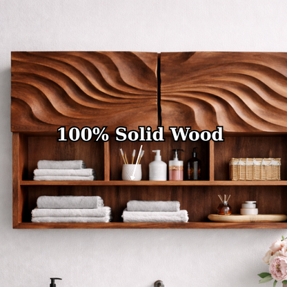 Solid Wood Floating Bathroom Shelf Cabinet with Wave Carved Doors