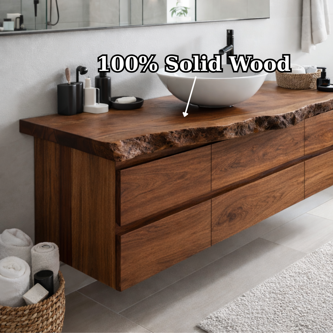 Solid Wood Floating Bathroom Vanity with Live Edge Top – Modern Wall Mounted Cabinet