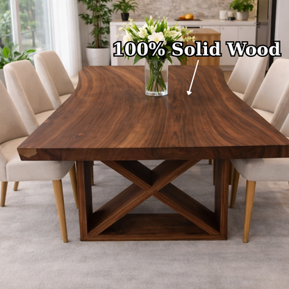 Solid Walnut Dining Table with Sculptural X Base – Modern Farmhouse Wood Table