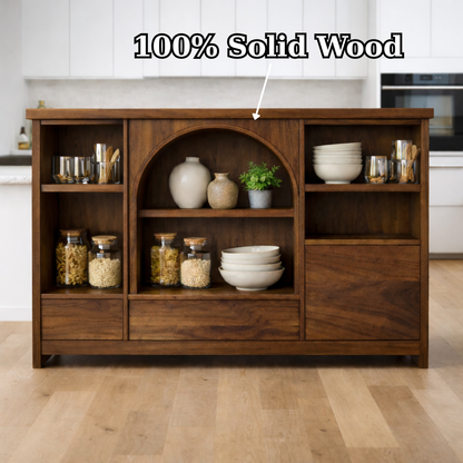 Solid Walnut Kitchen Island with Arched Center Shelf & Open Storage