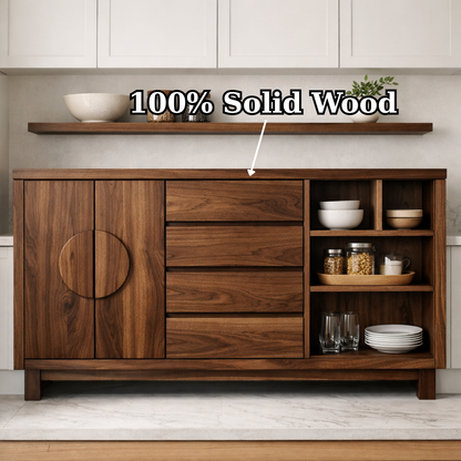 Solid Oak Kitchen Island with Round Handle Doors & Open Shelf Storage