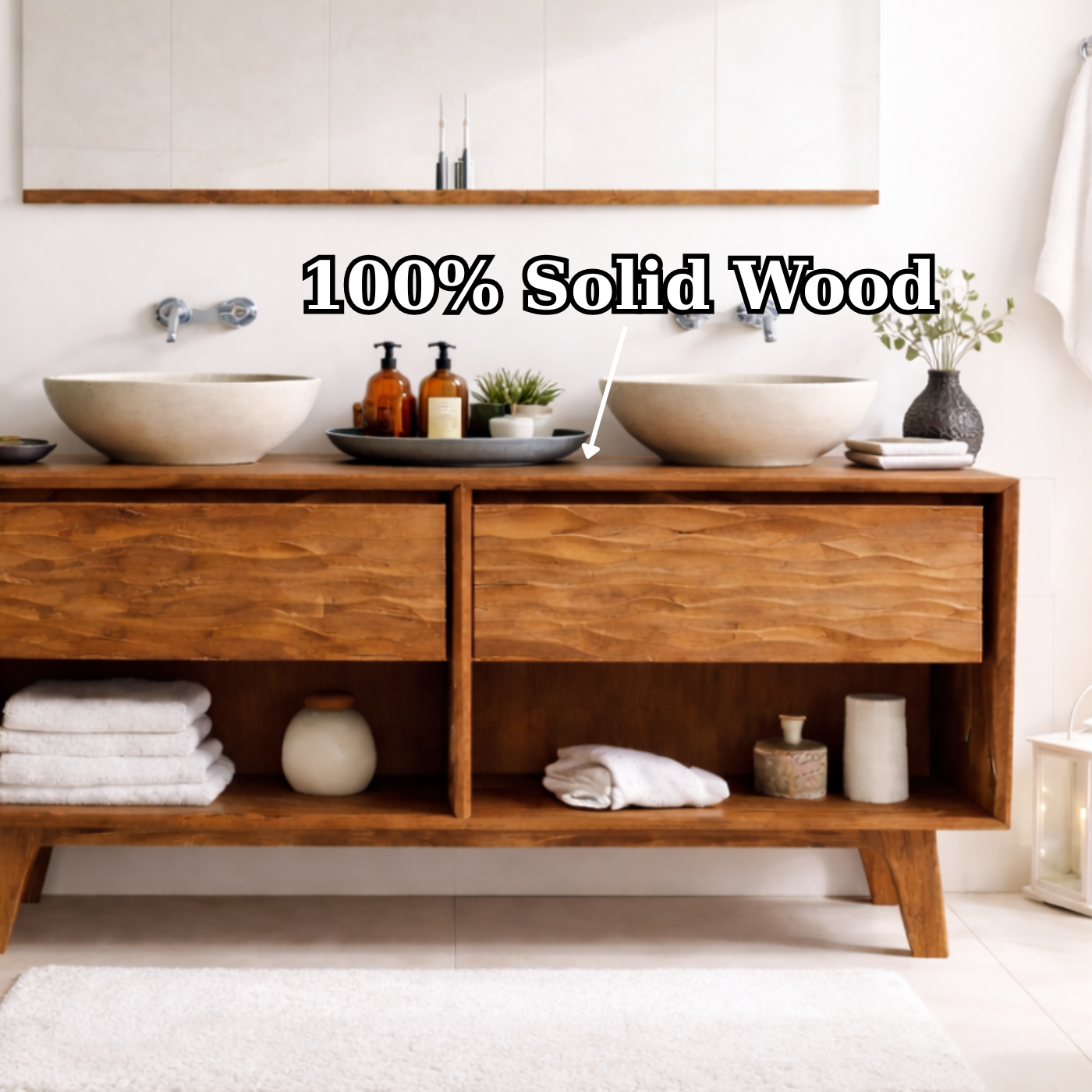 Mid-Century Solid Wood Double Bathroom Vanity with Sculpted Wave Drawer Fronts and Open Storage Kitchnce