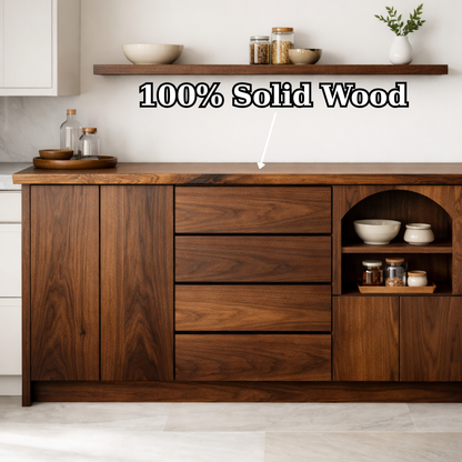Solid Walnut Kitchen Island with Drawers, Doors & Arched Open Shelf