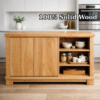 Solid Wood Kitchen Island with Doors & Open Shelf Storage