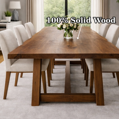Solid Wood Dining Table with Trestle Base – Modern Farmhouse Walnut Table