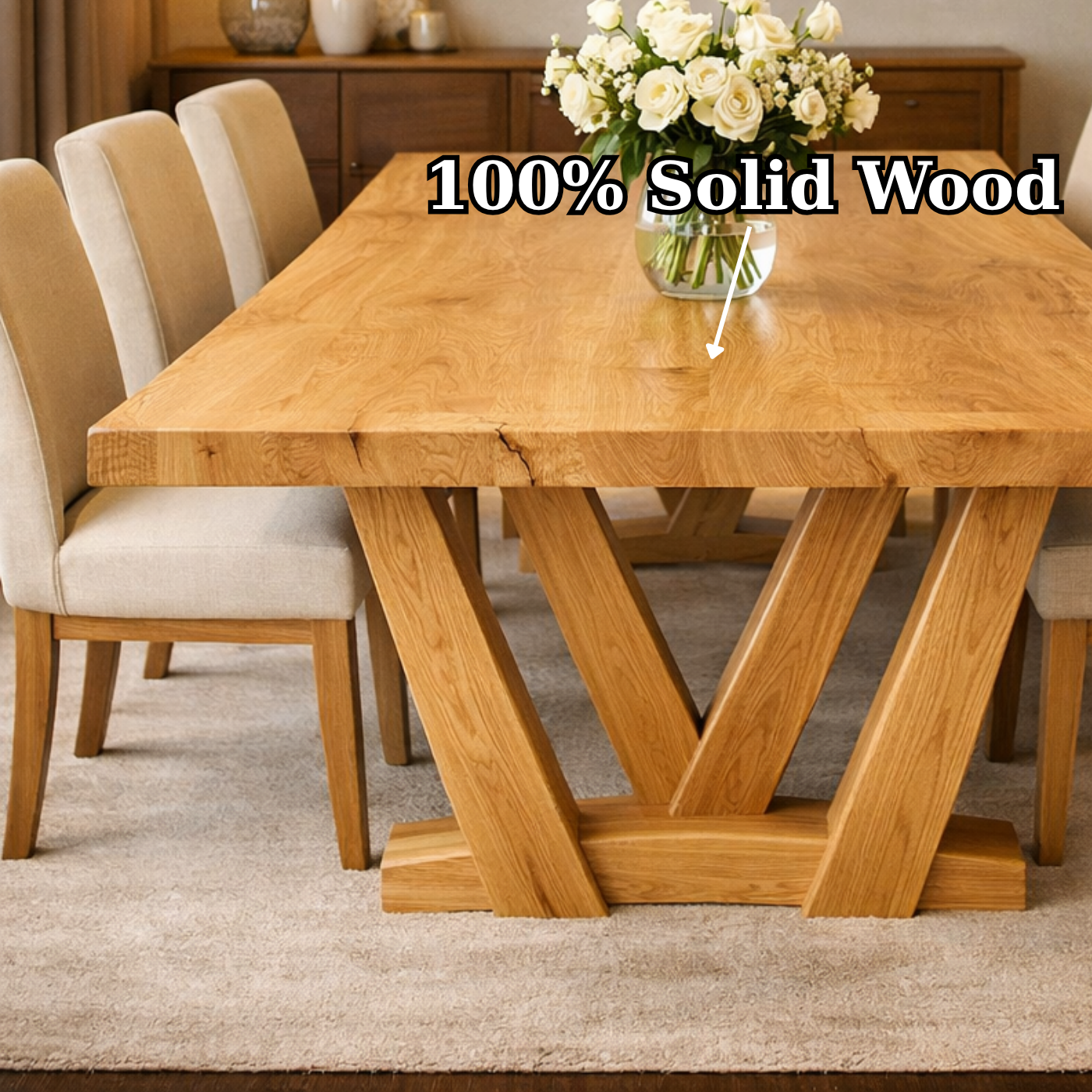 Solid Wood Dining Table with Thick Slab Top & Sculptural V Base Design