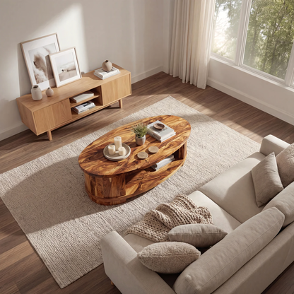Oval Coffee Table with Curved Frame and Open Storage Shelf